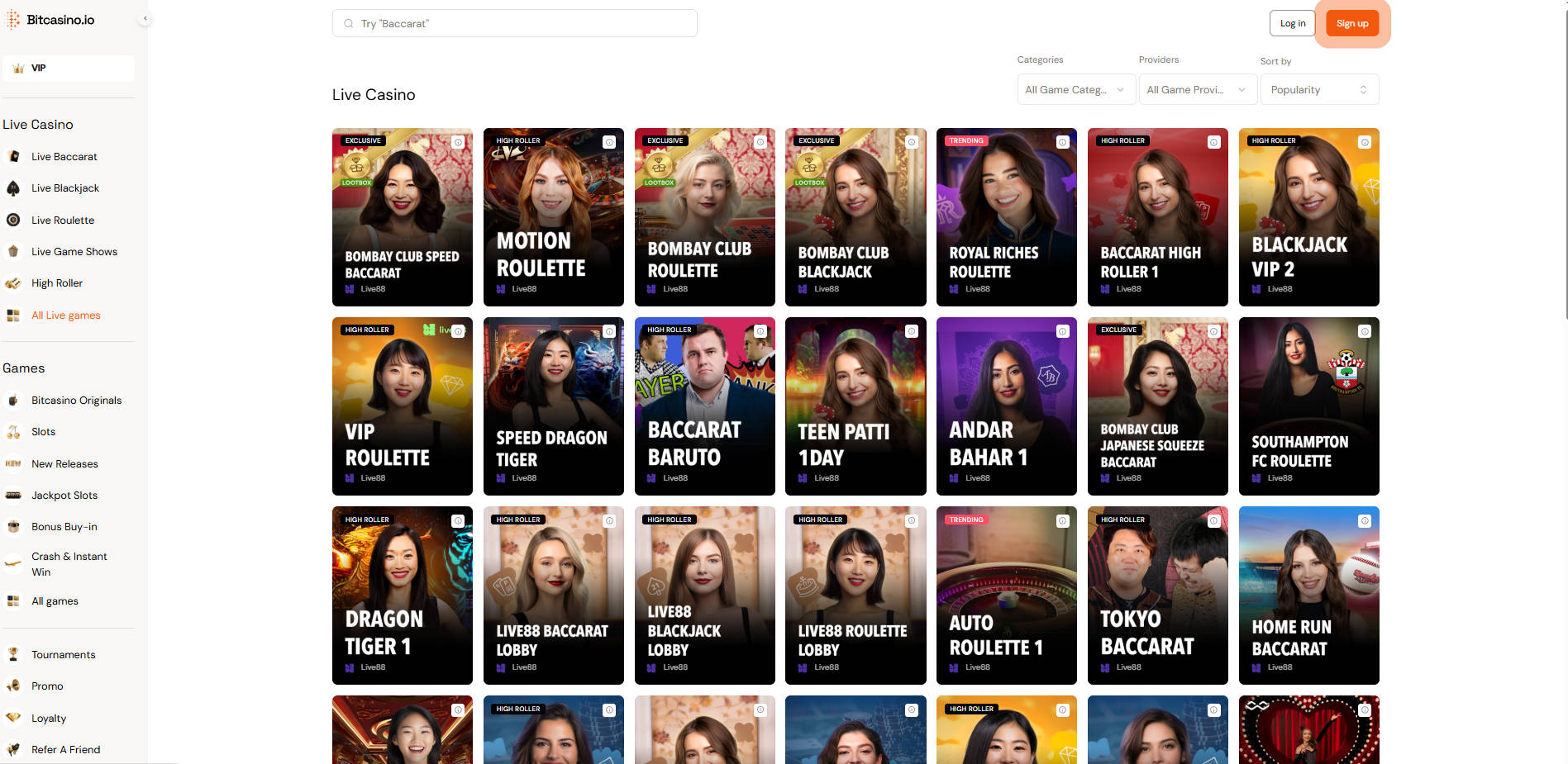 Bitcasino.io Live Casino Interface